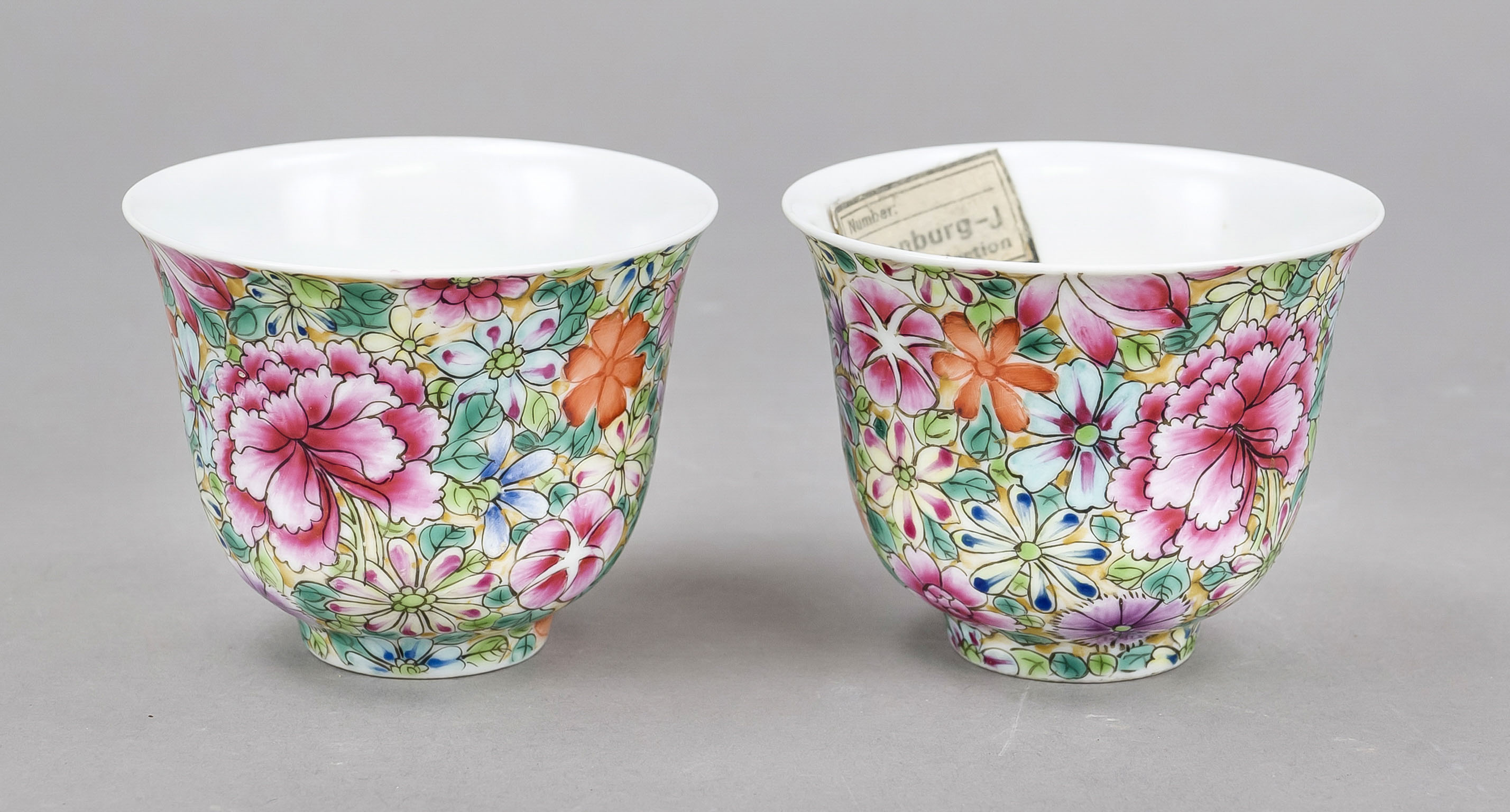 Pair of famille rose millefiori cups, China 18th century (Qing/Qianlong). Curved wall with