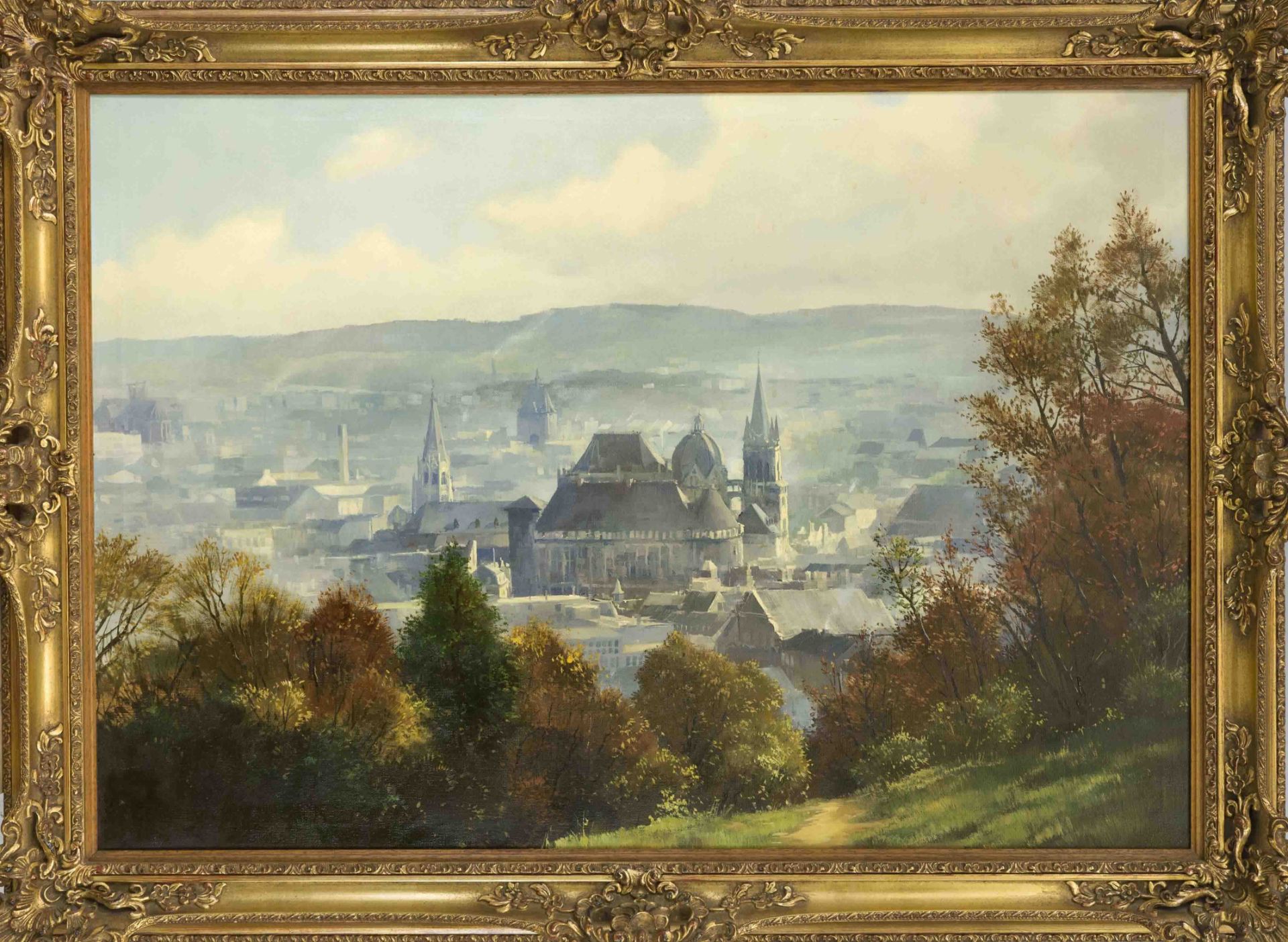 anonymous veduta painter 2nd half 20th century, Panorama of Aachen with the cathedral in the center,