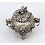 Large tripod censer, China 19th/20th century, metal. Bellied body on 3 legs, decorated in relief