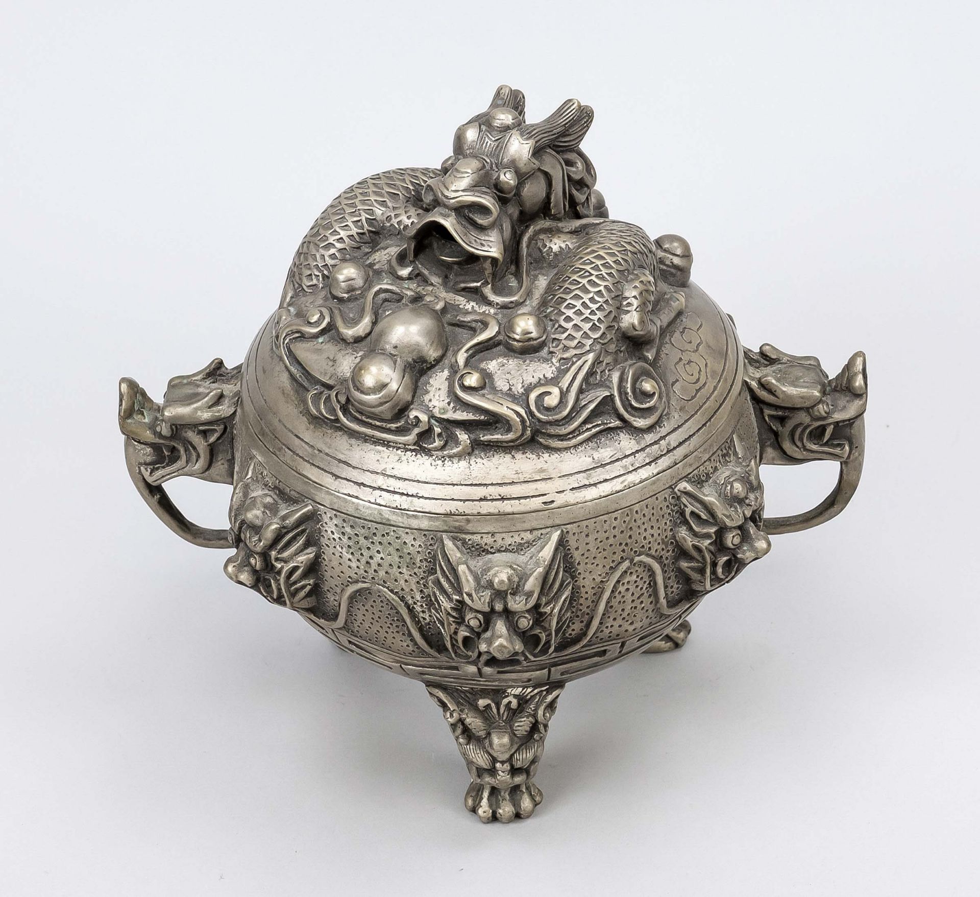 Large tripod censer, China 19th/20th century, metal. Bellied body on 3 legs, decorated in relief