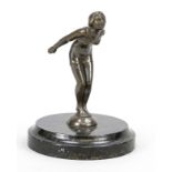 Anonymous sculptor, c. 1920, female swimmer, pat. cast metal on round marble plinth, unsigned, h. 15