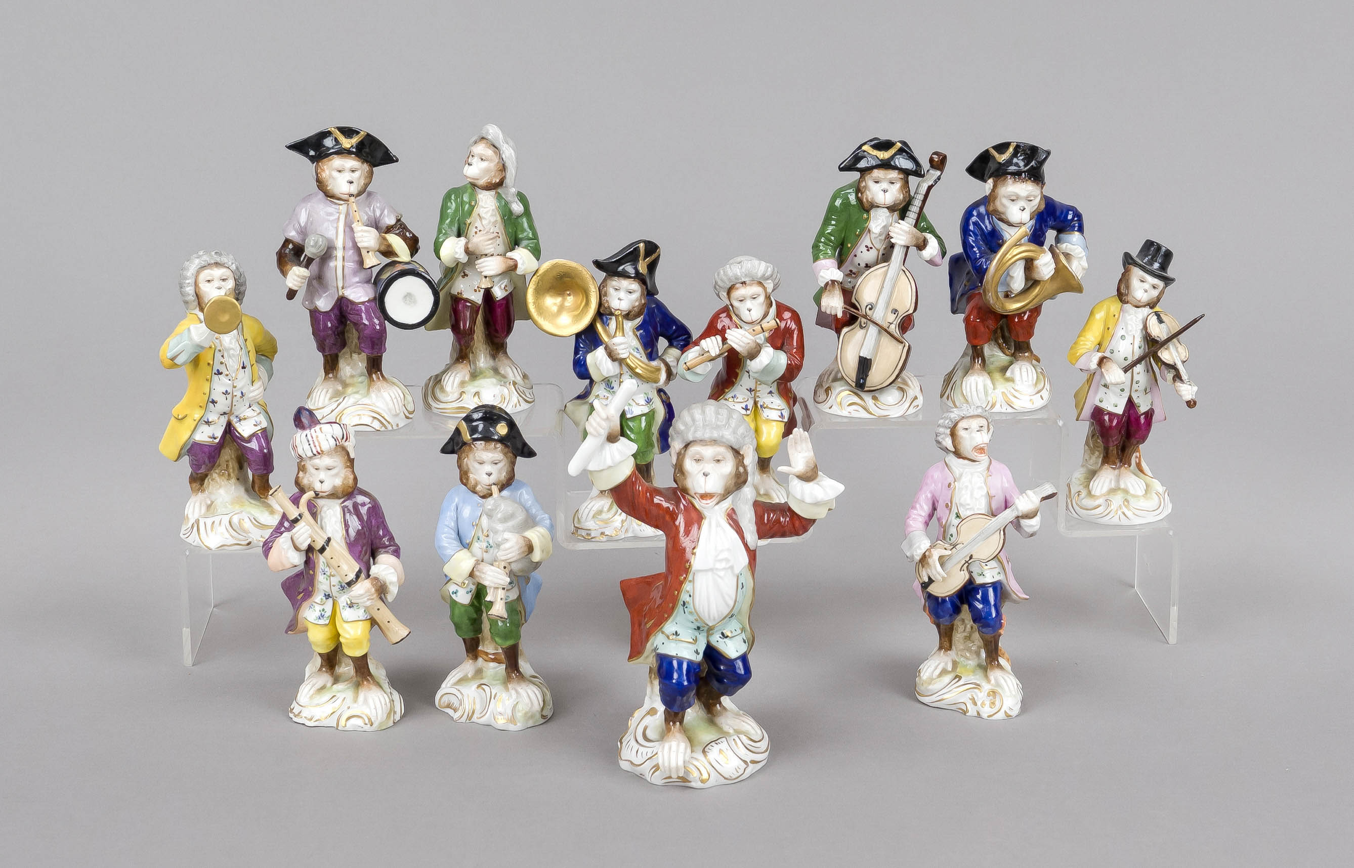 Monkey chapel, 12-piece, Rudolstadt, Thuringia, 20th century, after the Meissen model, mostly Naples