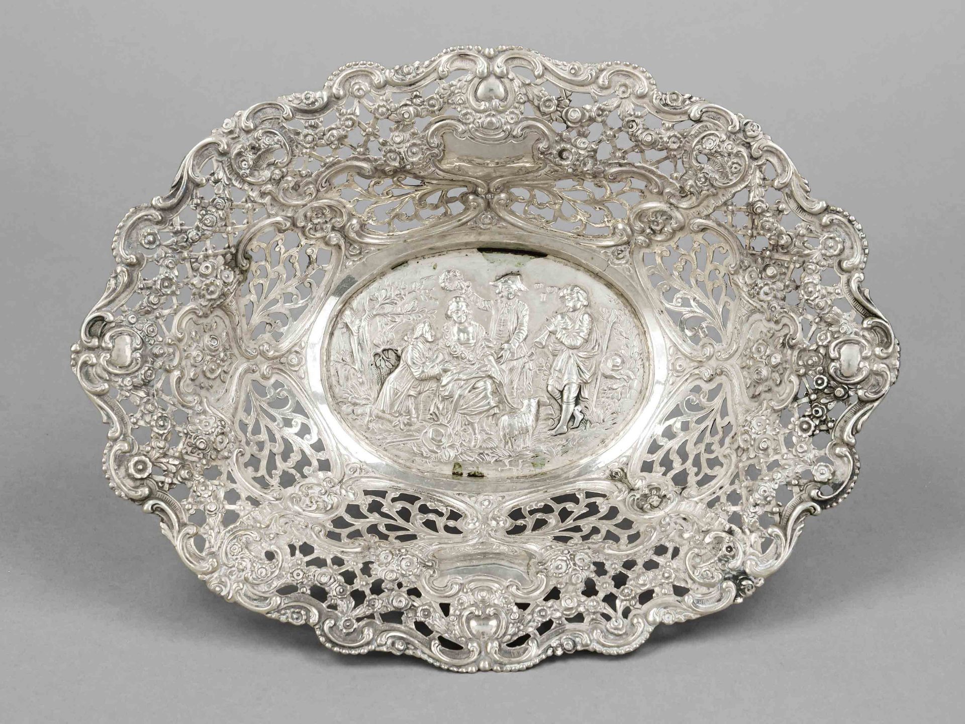 Oval openwork basket, German, 20th century, silver 800/000, of curved form, wide, richly