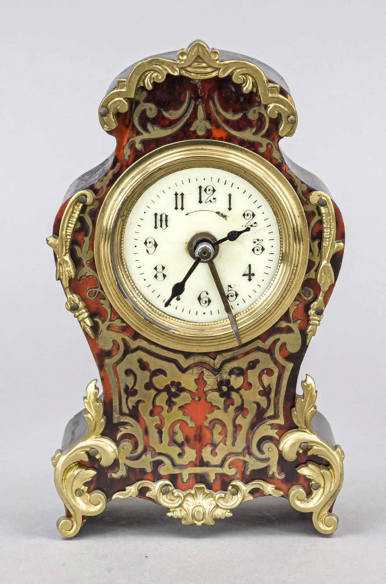 small table clock/alarm clock Boulle-style, probably France, around 1900, wooden body with brass