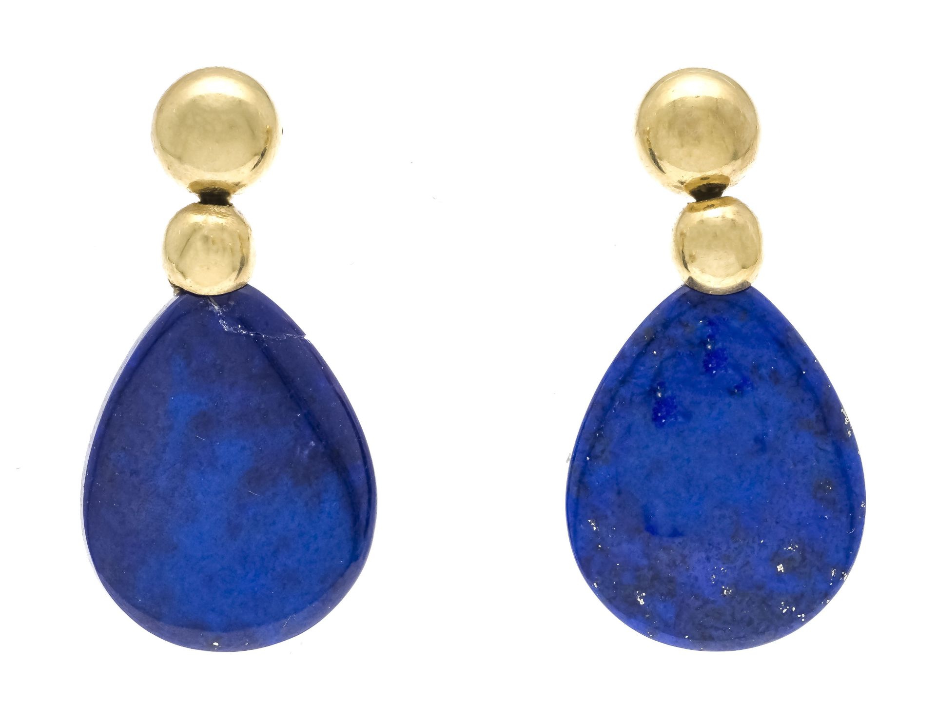 Lapis lazuli ear studs GG 750/000 with 2 drop-shaped lapis lazuli elements 23 x 18 x 5 mm, one stone