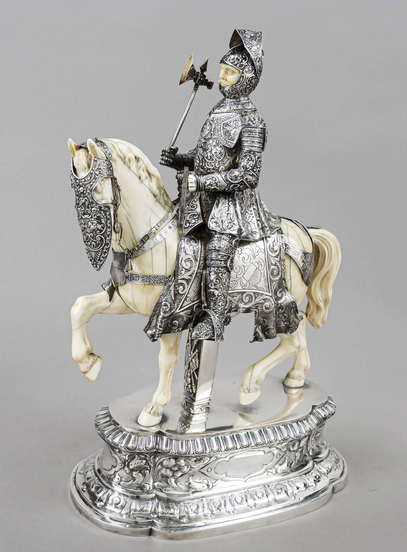 Historicism figure of a knight on horseback, German, late 19th century, probably Hanau, silver 800/