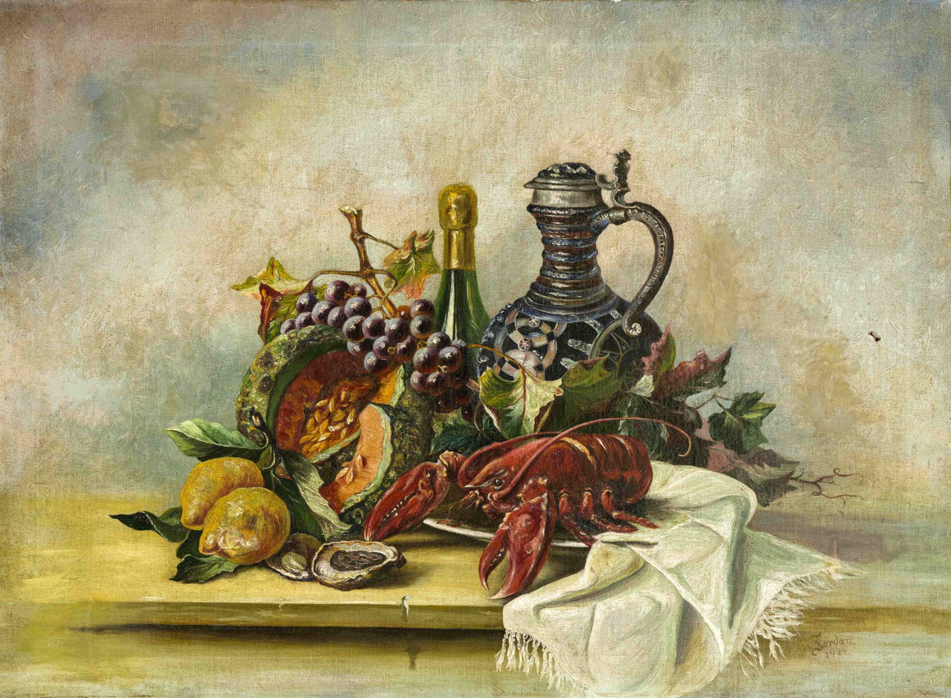 W. Jordan, 1st half 20th century, Still life with lobster, oil on canvas, signed and dated 1924