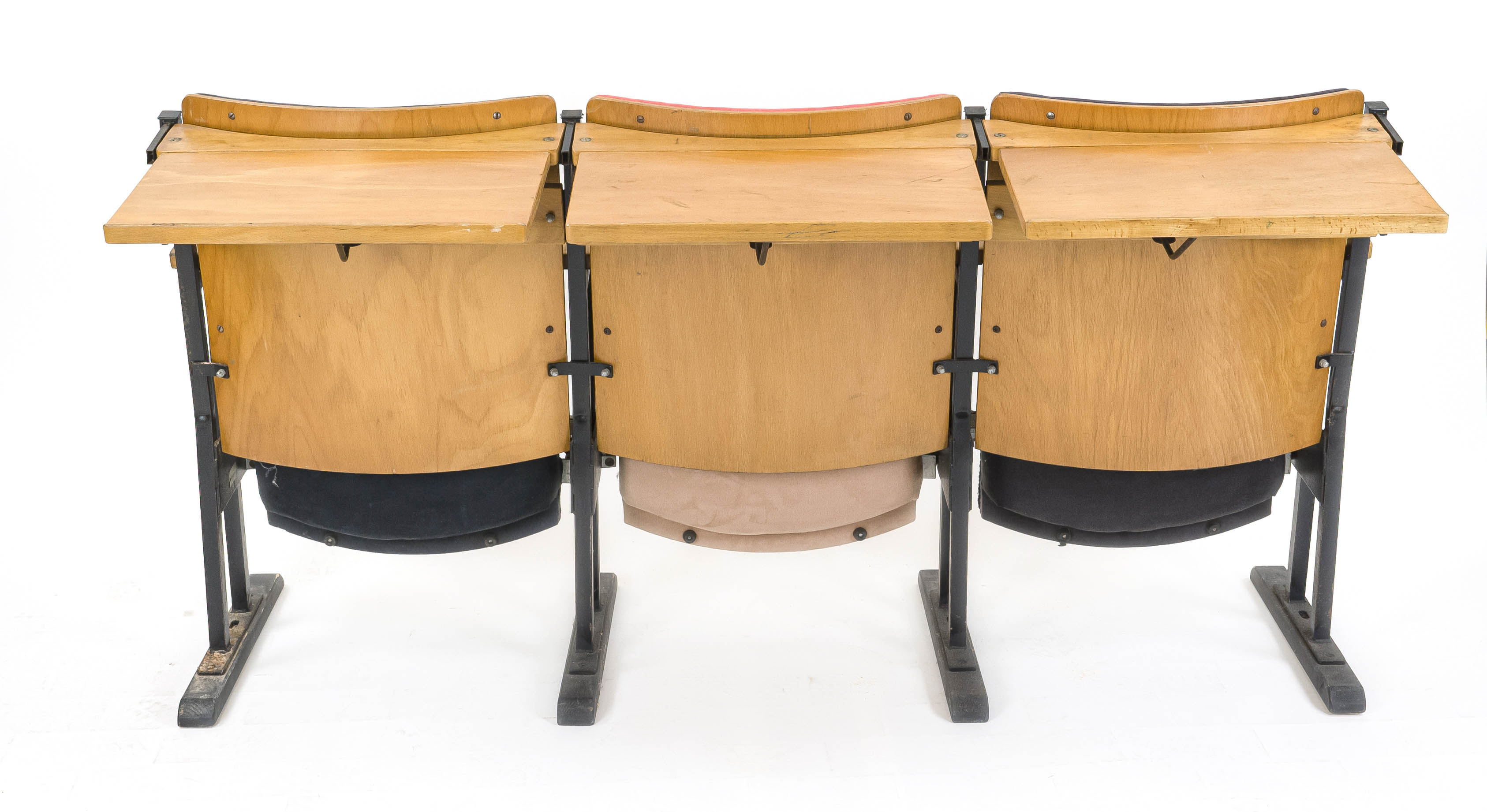 Cinema bench/school bench, vintage 1960s/70s, 3-seater, iron frame, folding seat, fold-out shelf - Image 3 of 3