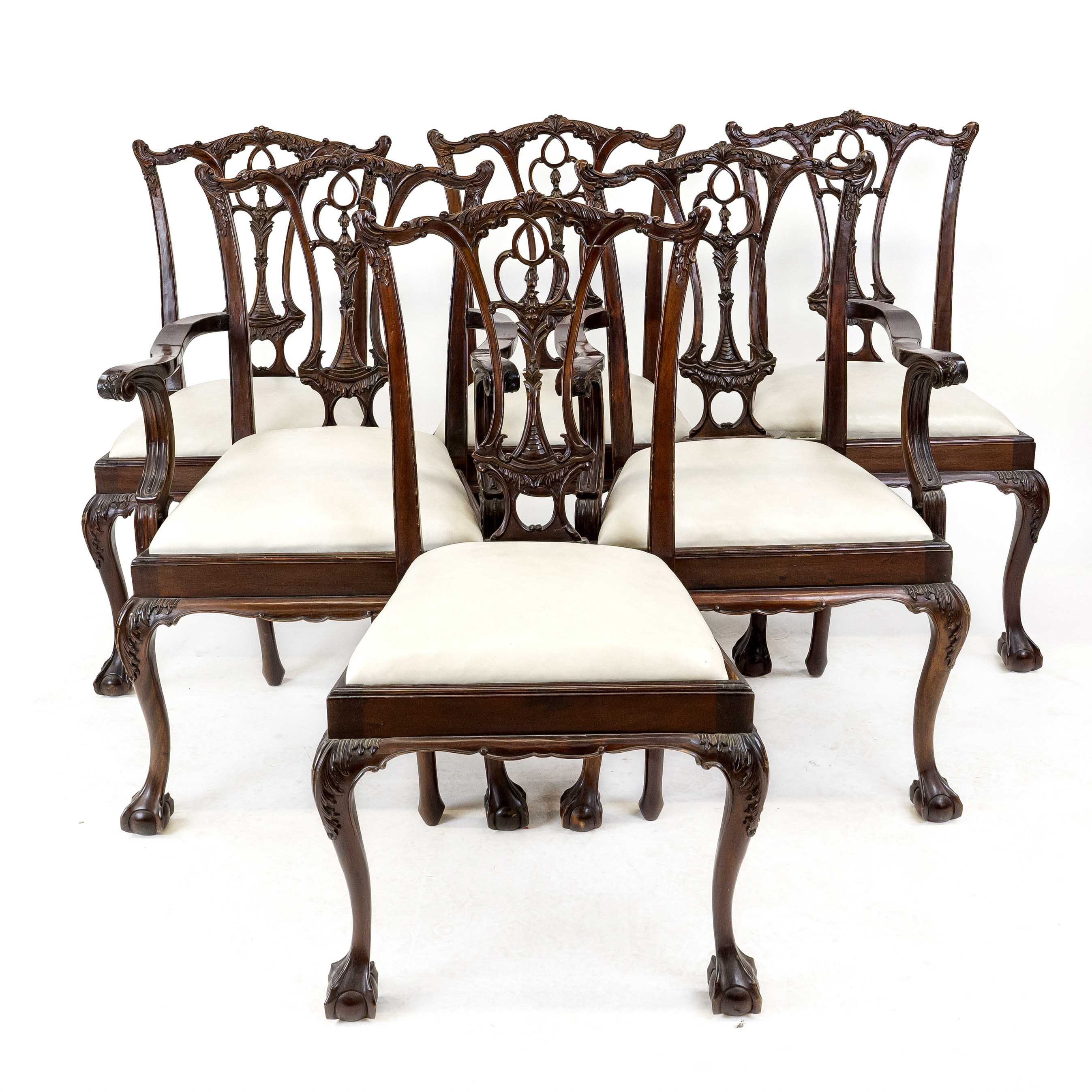 Set of 6 elegant chairs from around 1900, mahogany, two of them with armrests, carved backrest,