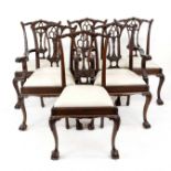 Set of 6 elegant chairs from around 1900, mahogany, two of them with armrests, carved backrest,