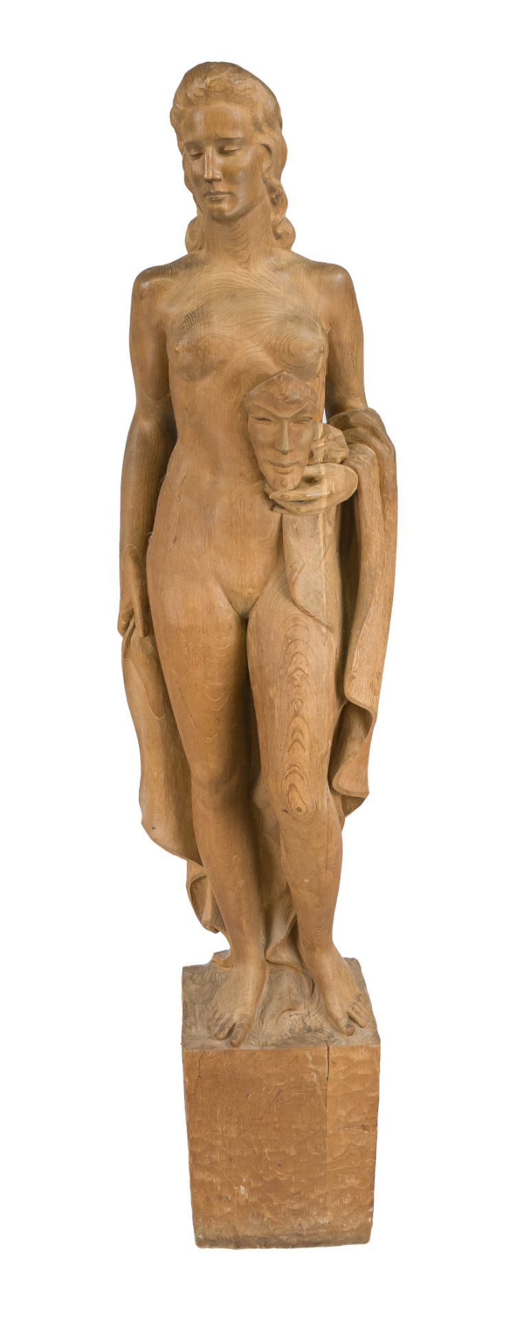 Anonymous sculptor, c. 1930, large sculpture of a female nude with mask and scarf, fully sculpted,