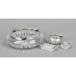 Mixed lot of four pieces, 20th century, 3 ashtrays and saliere, each clear glass with silver rim
