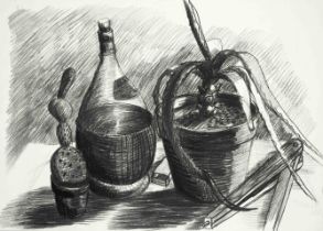 Hermann Albert (*1937), ''Stillleben mit Kakteen und Weinflasche'', charcoal drawing on firm wove