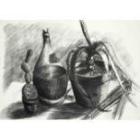 Hermann Albert (*1937), ''Stillleben mit Kakteen und Weinflasche'', charcoal drawing on firm wove