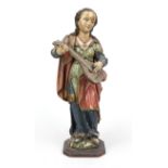 18th century figure of a saint, woman with mandolin, polychrome painted wood, rubbed and chipped, h.