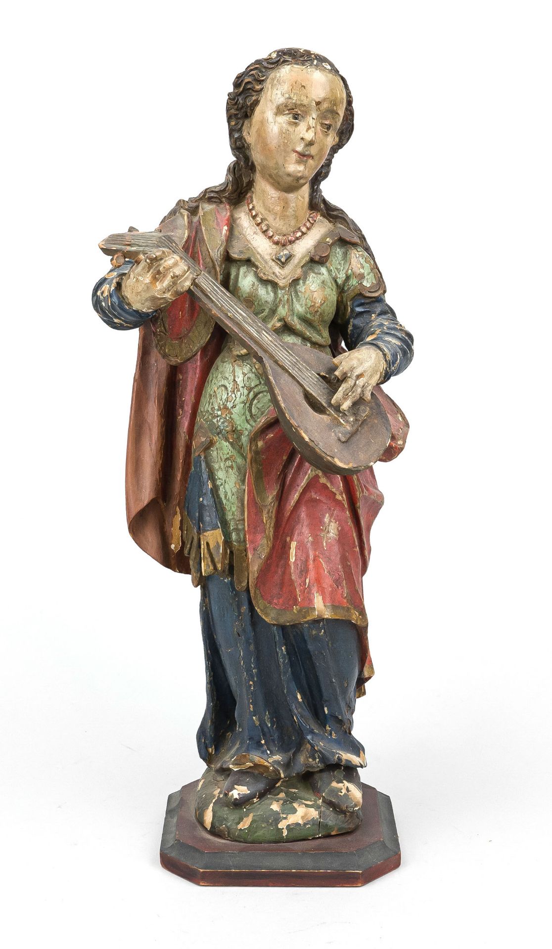 18th century figure of a saint, woman with mandolin, polychrome painted wood, rubbed and chipped, h.