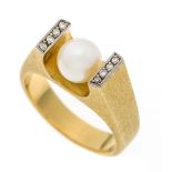 Akoya pearl diamond ring GG/WG 750/000 with a white Akoya pearl 7 mm and 8 brilliant-cut diamonds,