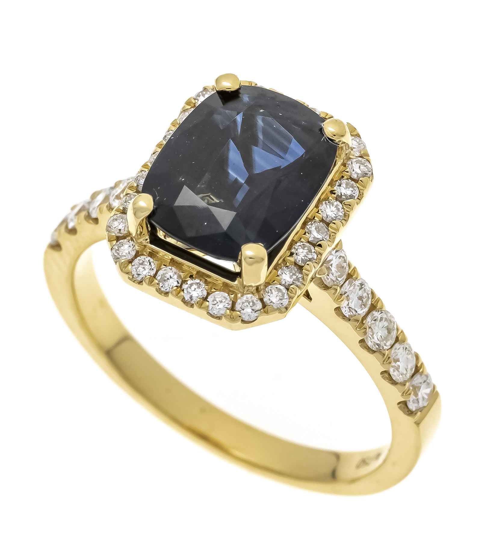 Sapphire-brilliant ring GG 750/000 with a cushion-cut faceted sapphire 2.98 ct, in a luminous dark