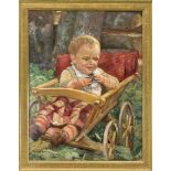 P. Würt, Portrait of a Toddler in a Bollerwage, oil on cardboard, signed and dated ''P. Würt 1911'',