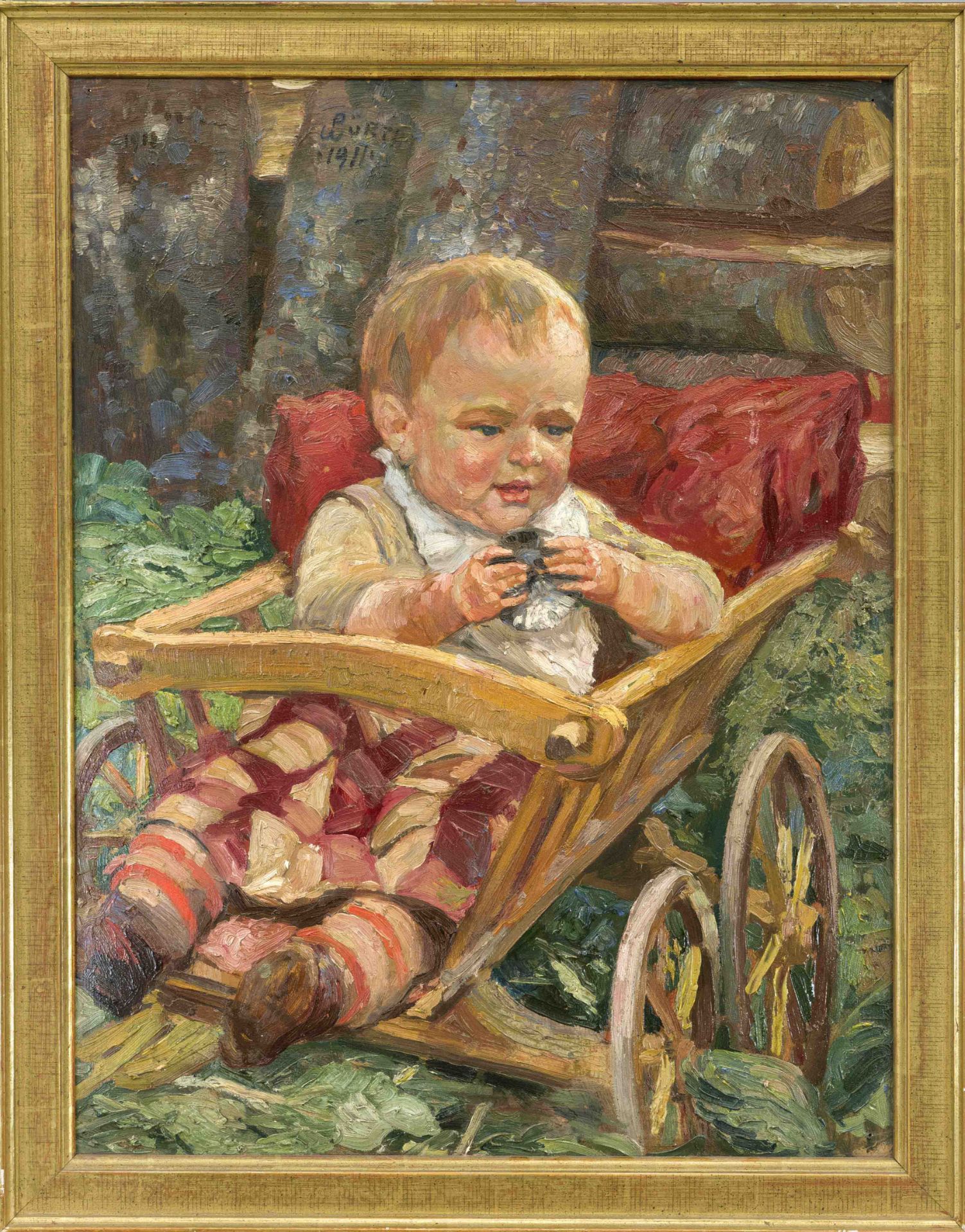 P. Würt, Portrait of a Toddler in a Bollerwage, oil on cardboard, signed and dated ''P. Würt 1911'',