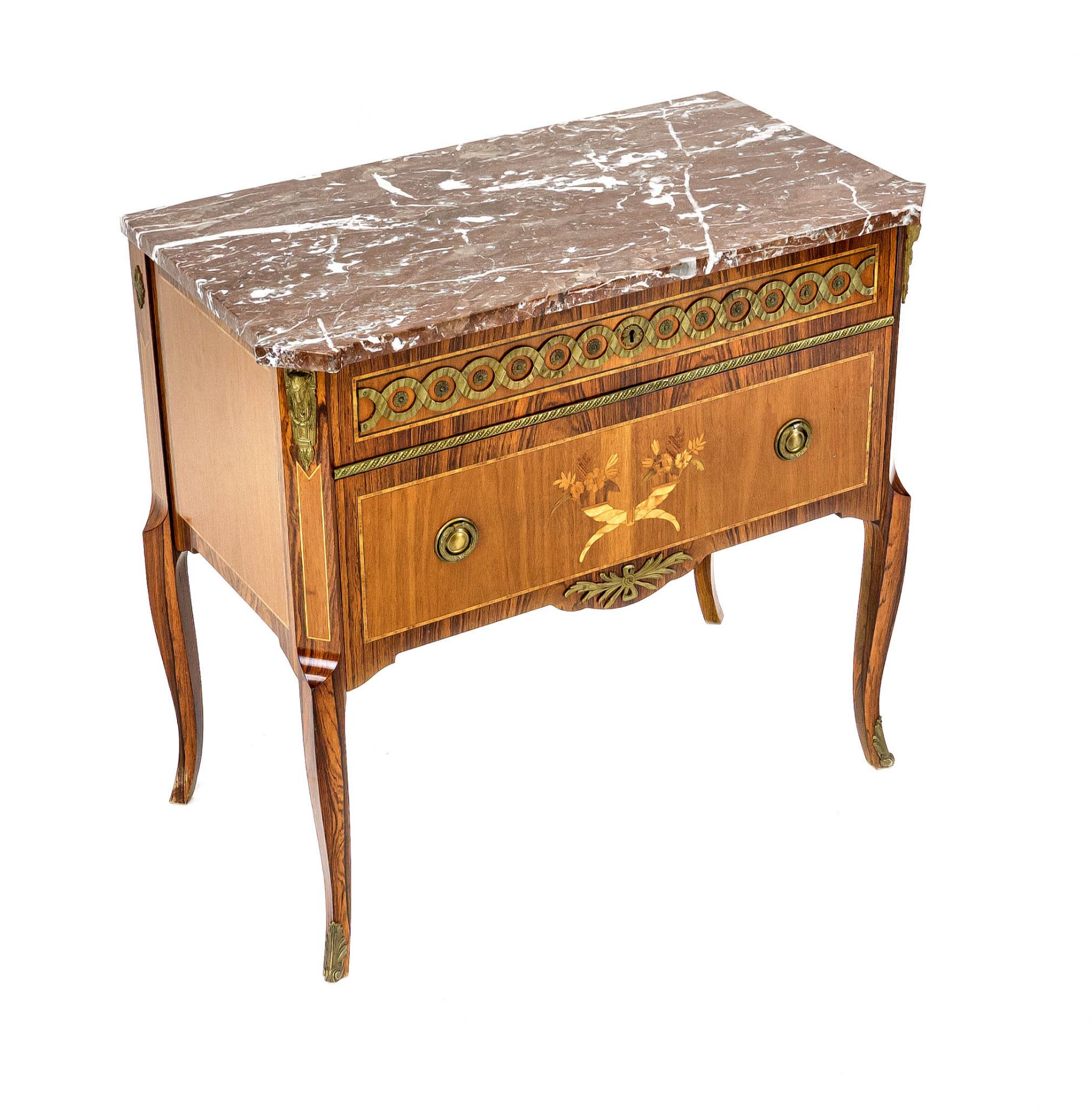 Magnificent Louis XVI-style chest of drawers, 20th century, walnut and other precious woods veneered