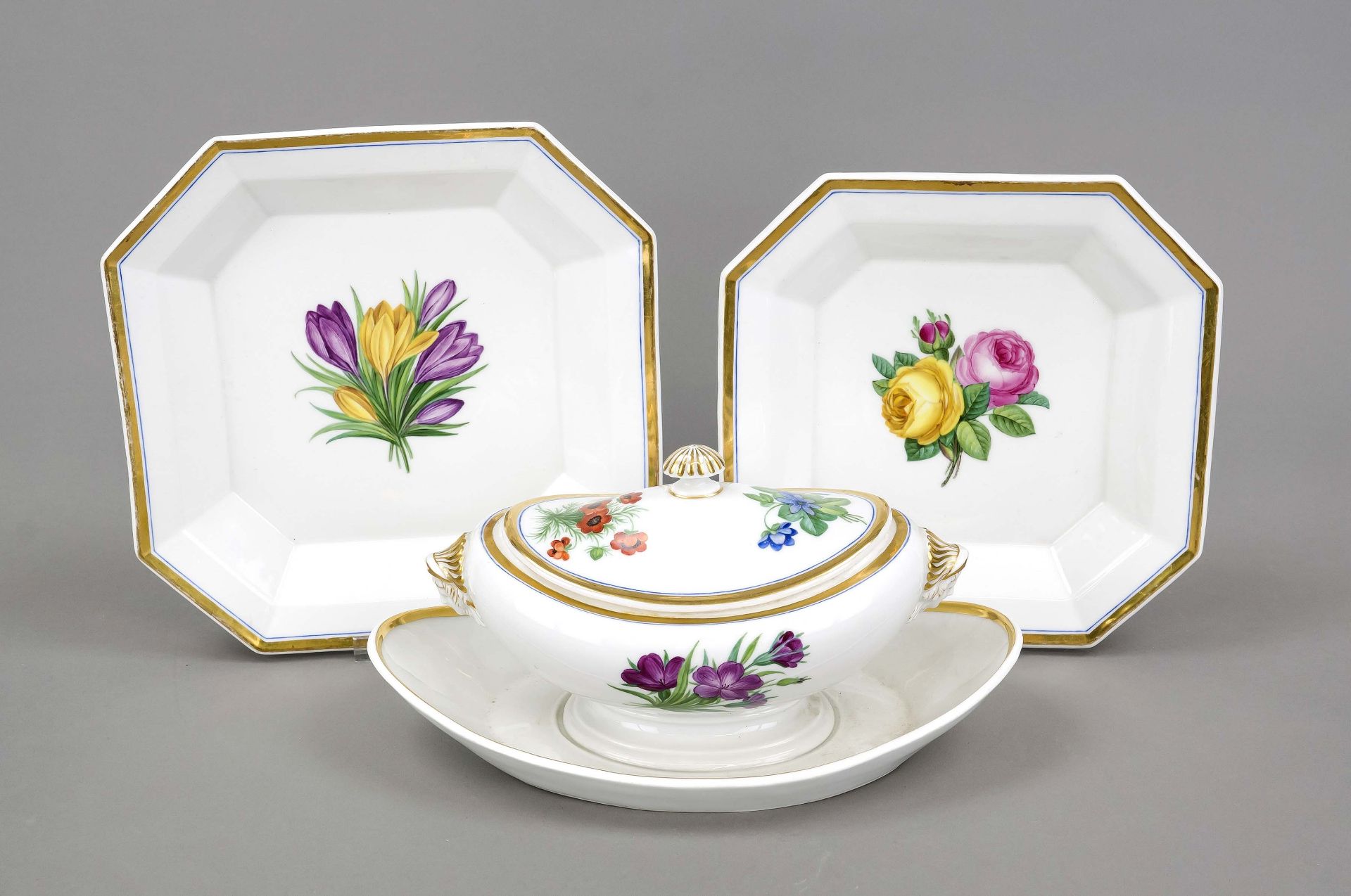 Three classicist serving dishes, KPM Berlin, 1800-1830s, 1st choice, red imperial orb mark,