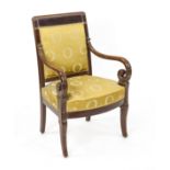 Empire armchair from around 1820, mahogany, partly carved, yellow cover, 95 x 63 x 50 cm - The