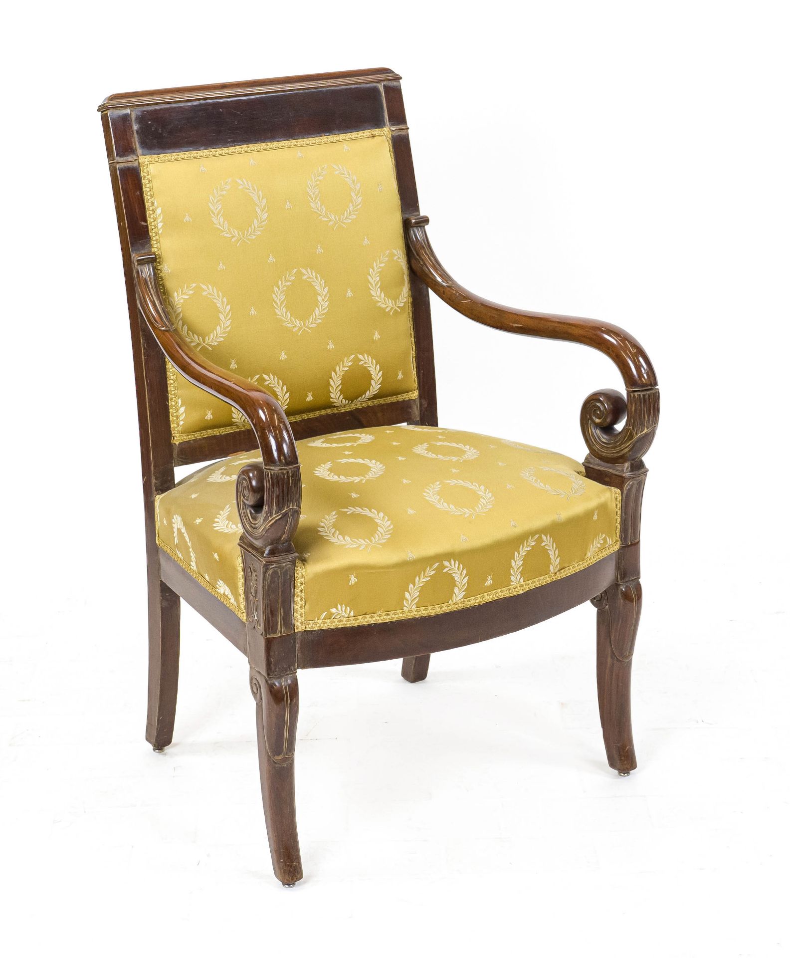 Empire armchair from around 1820, mahogany, partly carved, yellow cover, 95 x 63 x 50 cm - The