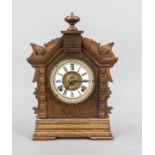 American oak table clock, c. 1870, architectural design with carved and turned decoration, white
