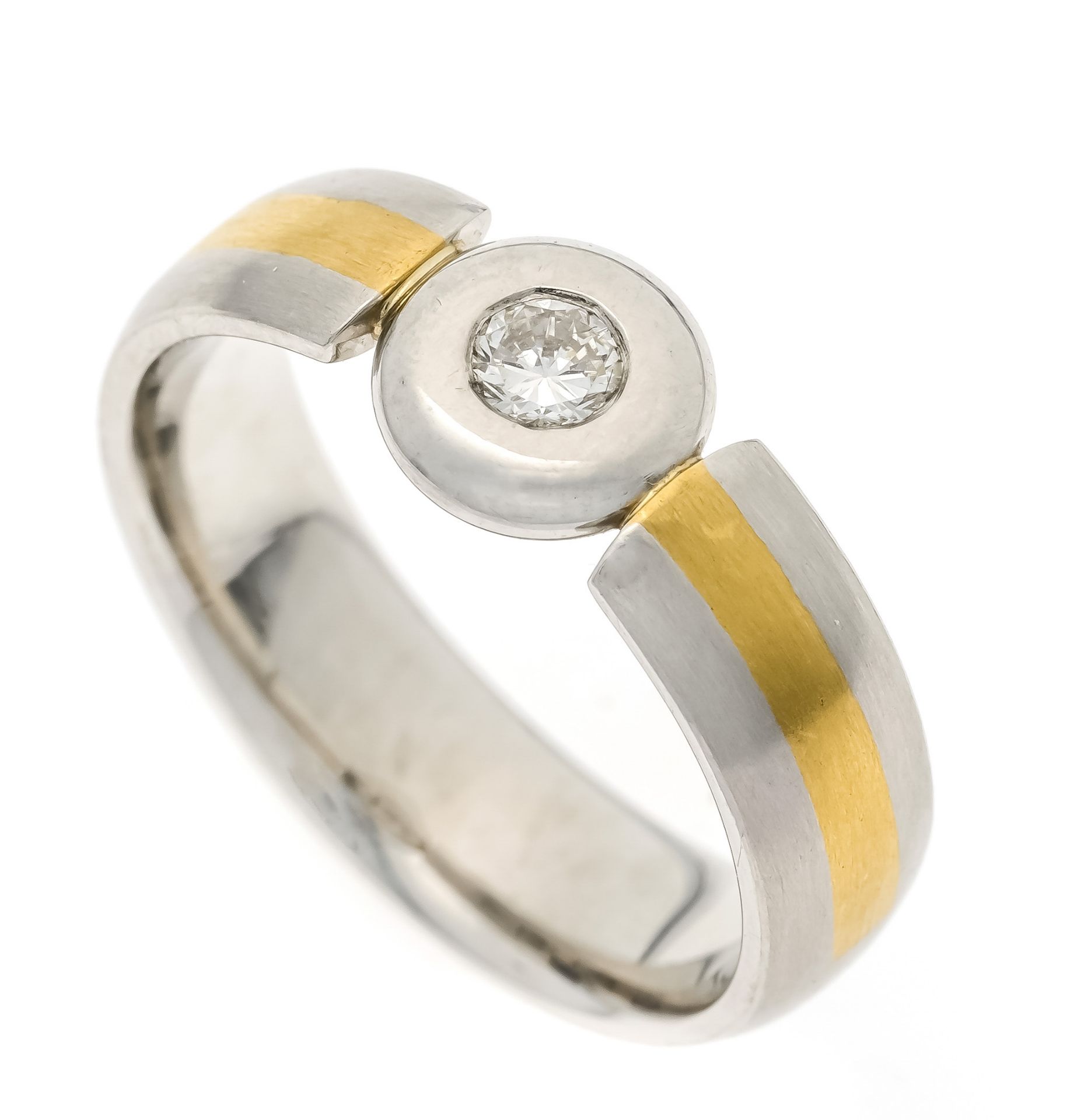 Diamond ring platinum 950/000 and yellow gold with one brilliant-cut diamond 0.12 ct W/VS, RG 55,