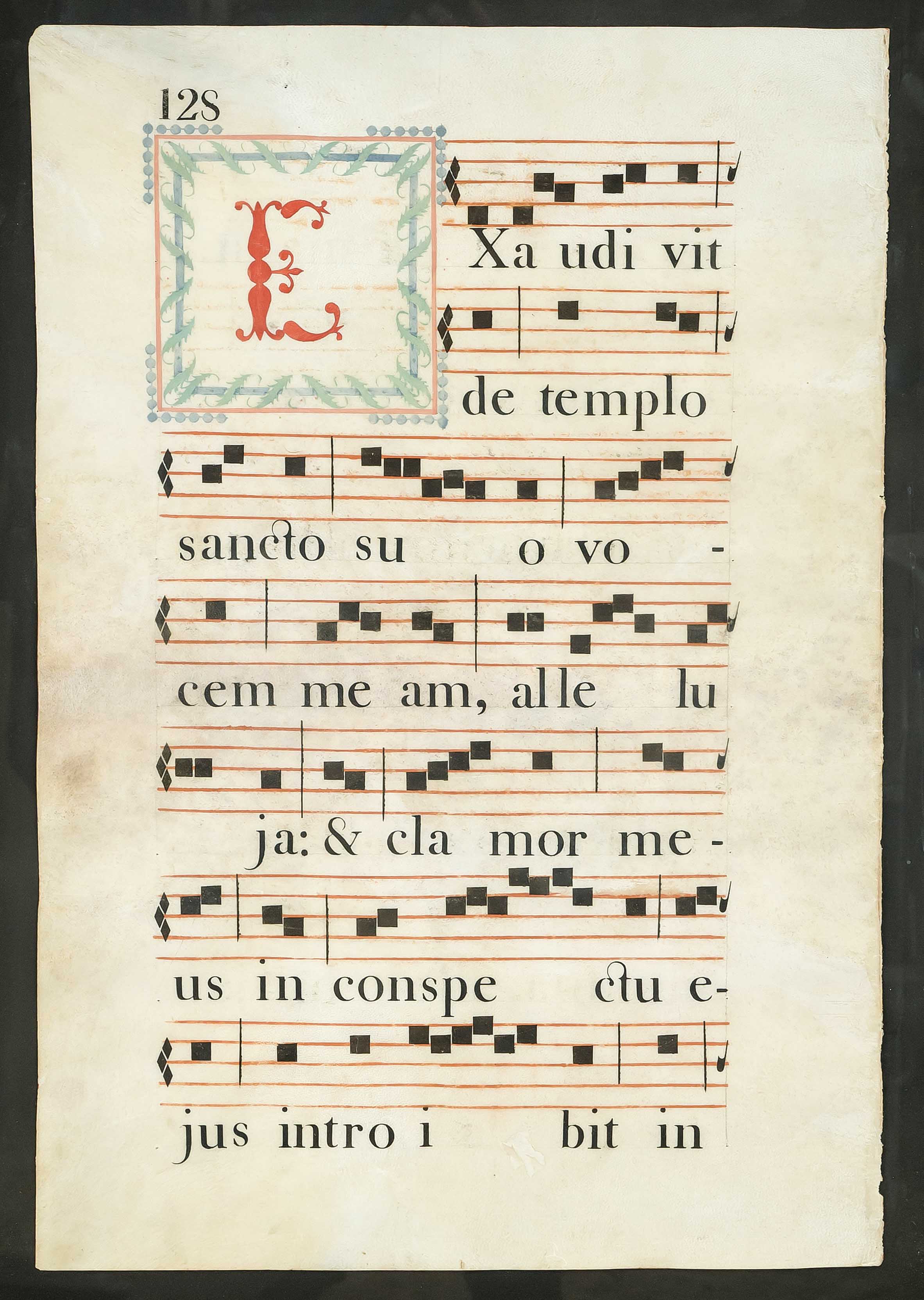 Two antiphonary leaves, probably 17th/18th century, parchment. Large colored initials, framed behind - Image 2 of 3