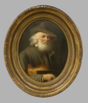 Anonymous portrait painter, c. 1870, Portrait of a bearded man with floppy hat and violin, oil on