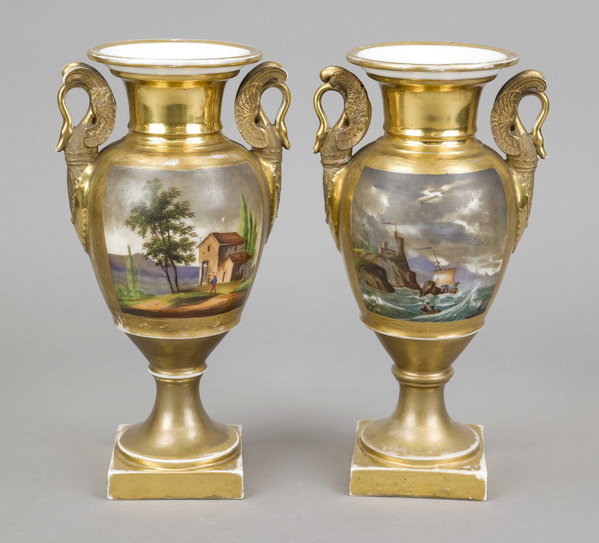 A pair of ornamental vases with swan handles, France, 19th century, polychrome painting with - Image 2 of 2