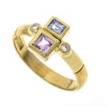 Multicolor diamond ring GG 900/000 with a faceted sapphire carrée 3.2 mm light pink and a faceted