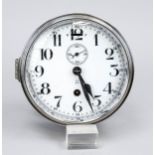 Wall clock chrome-plated with white enamel dial with black arab. numerals and blackened hands,