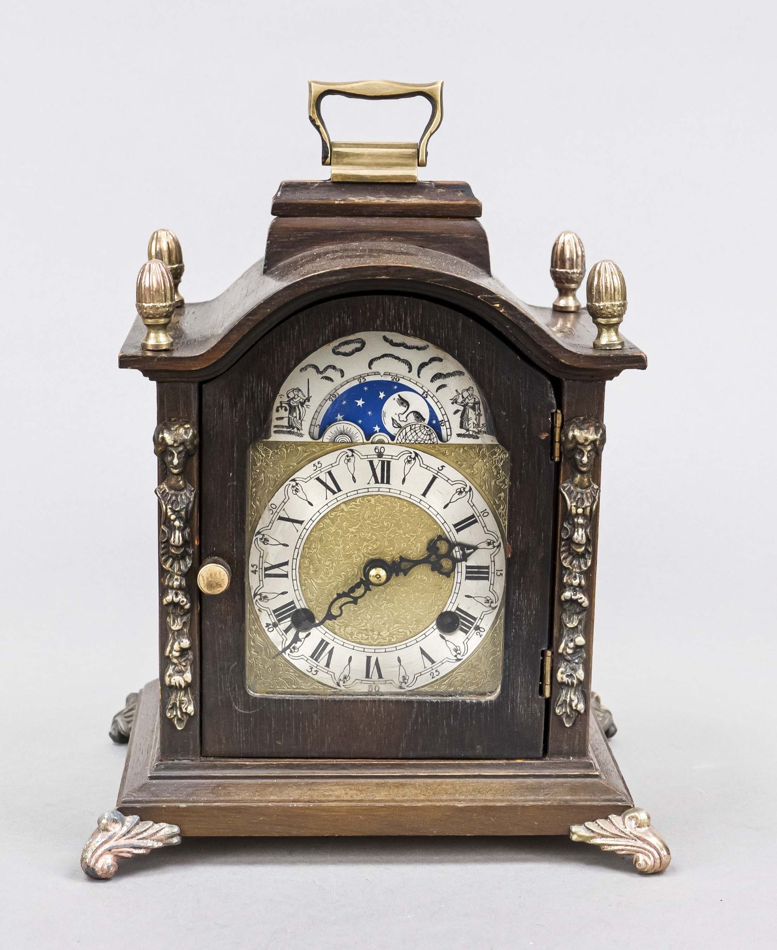 Table clock, 20th century, walnut, florally engraved brass dial with applied silver-filled chapter