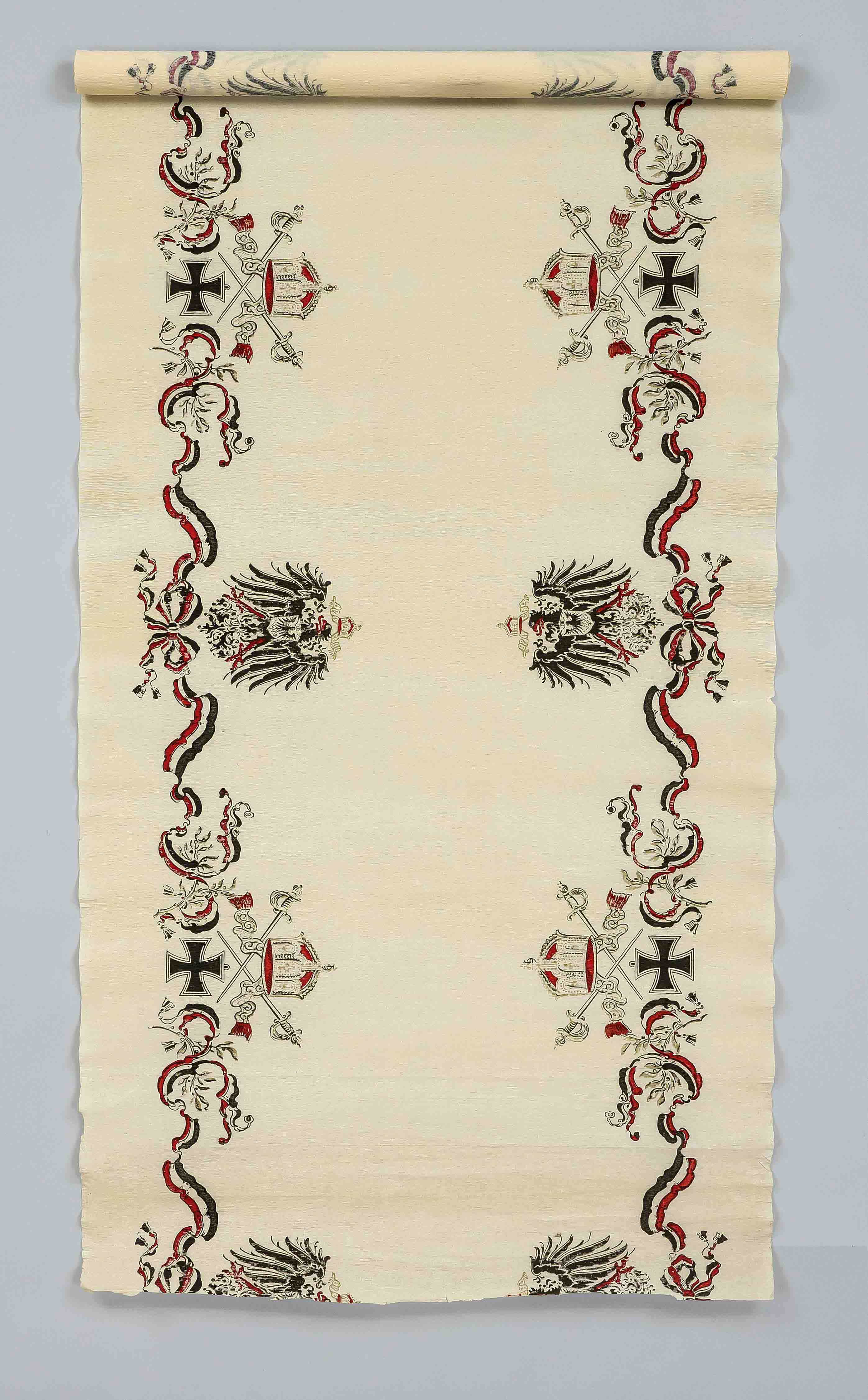Militaria table cover?, 19th century, Prussian. Crepe paper with printed decoration, w. 50 (on