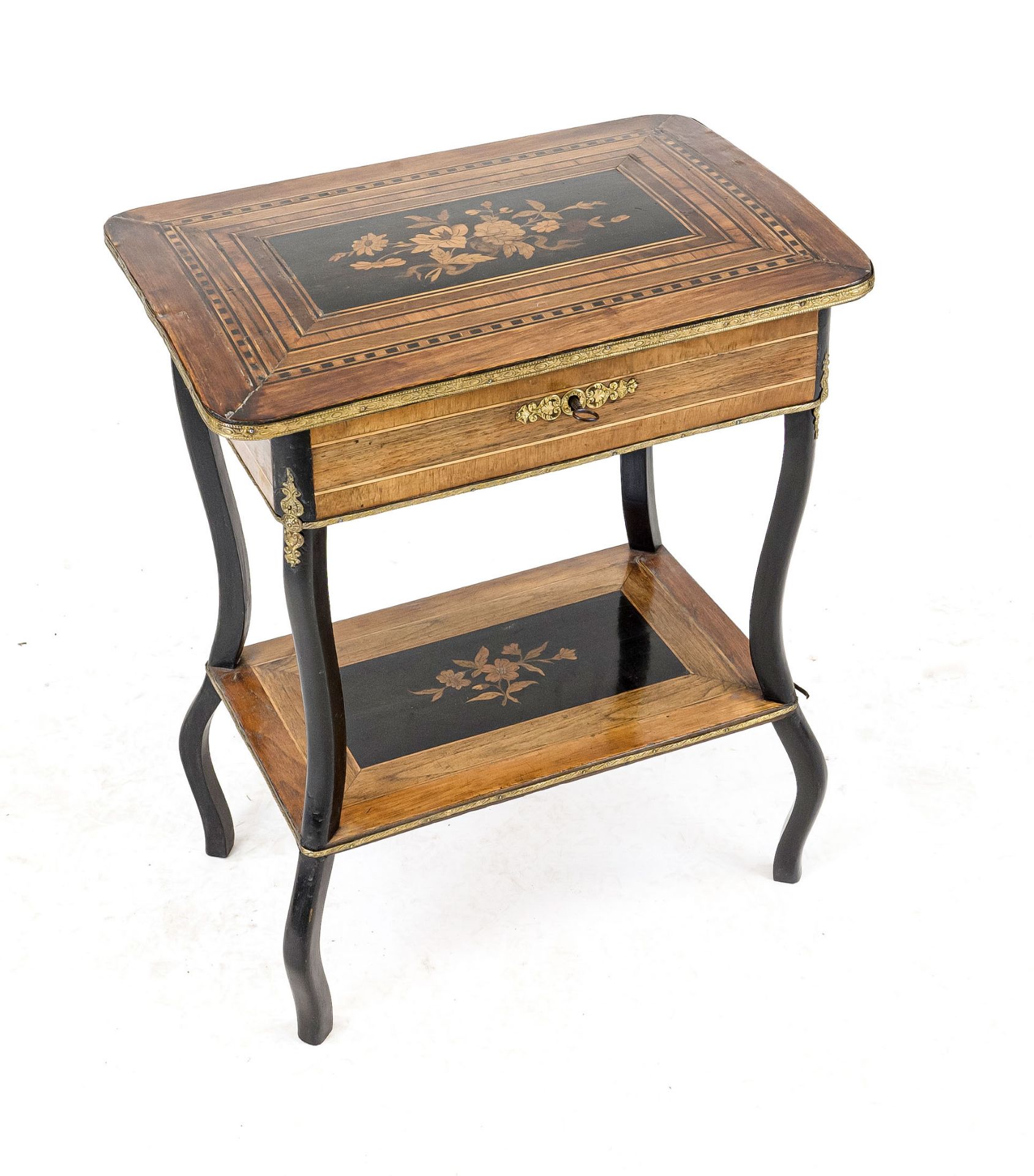 Handicraft/sewing table, 19th century, walnut and other precious woods veneered and inlaid, curved