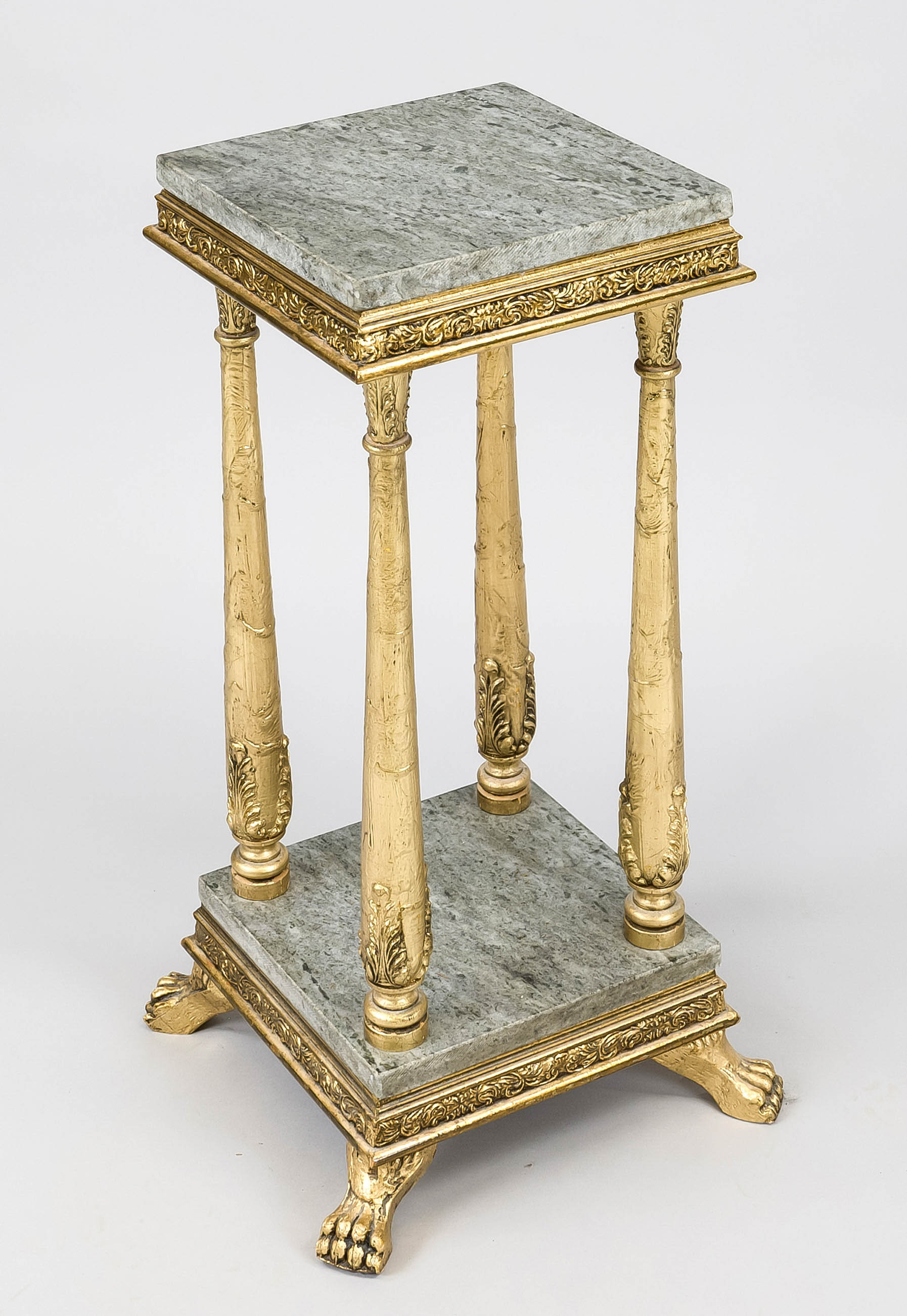 Column table with marble tops in Louis XVI style. Wood gilded with stucco. 19th/20th century, h.