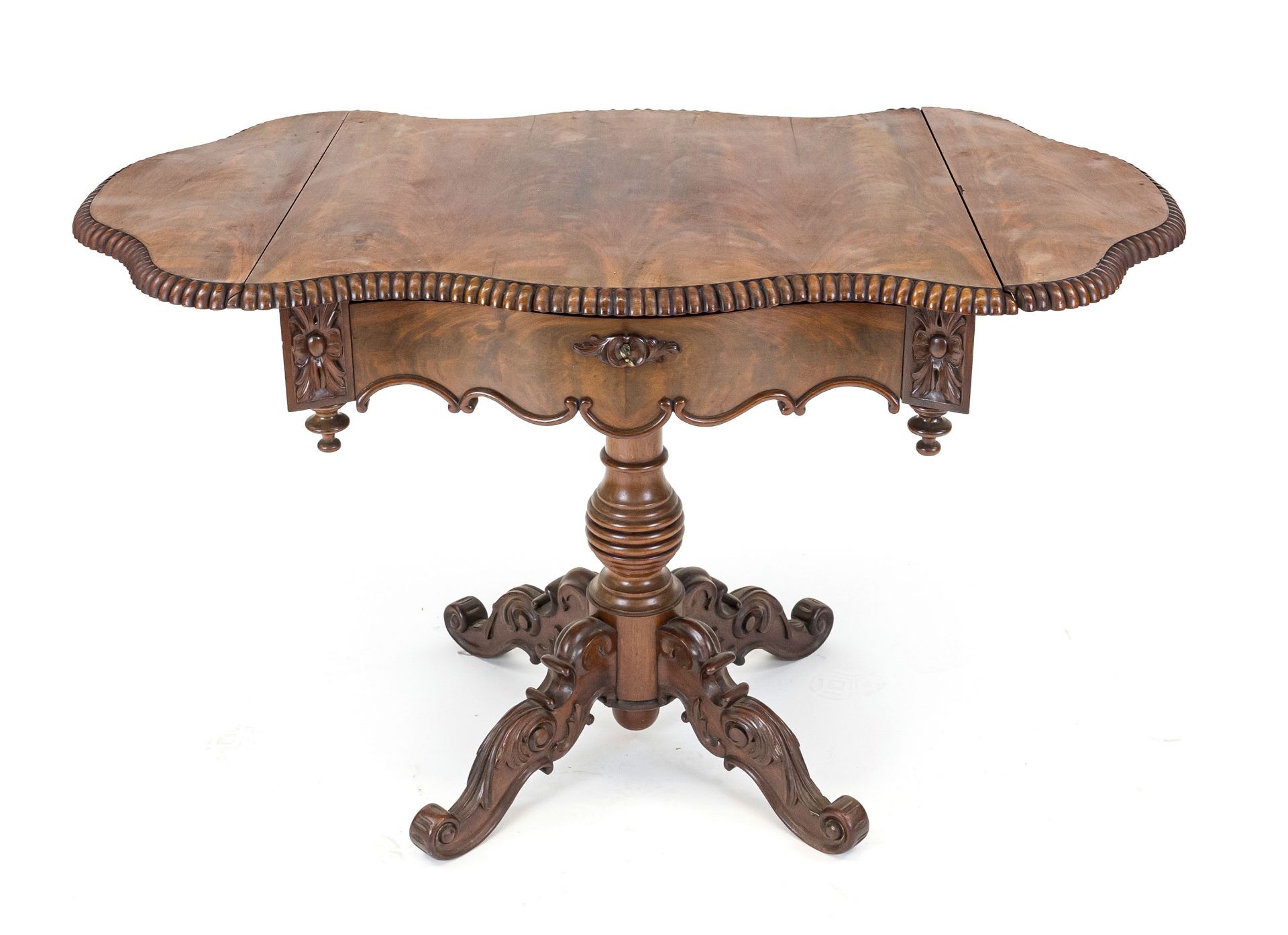 Side table with drawer, 19th century, mahogany, curved frame with corresponding top, 73 x 75/117 x