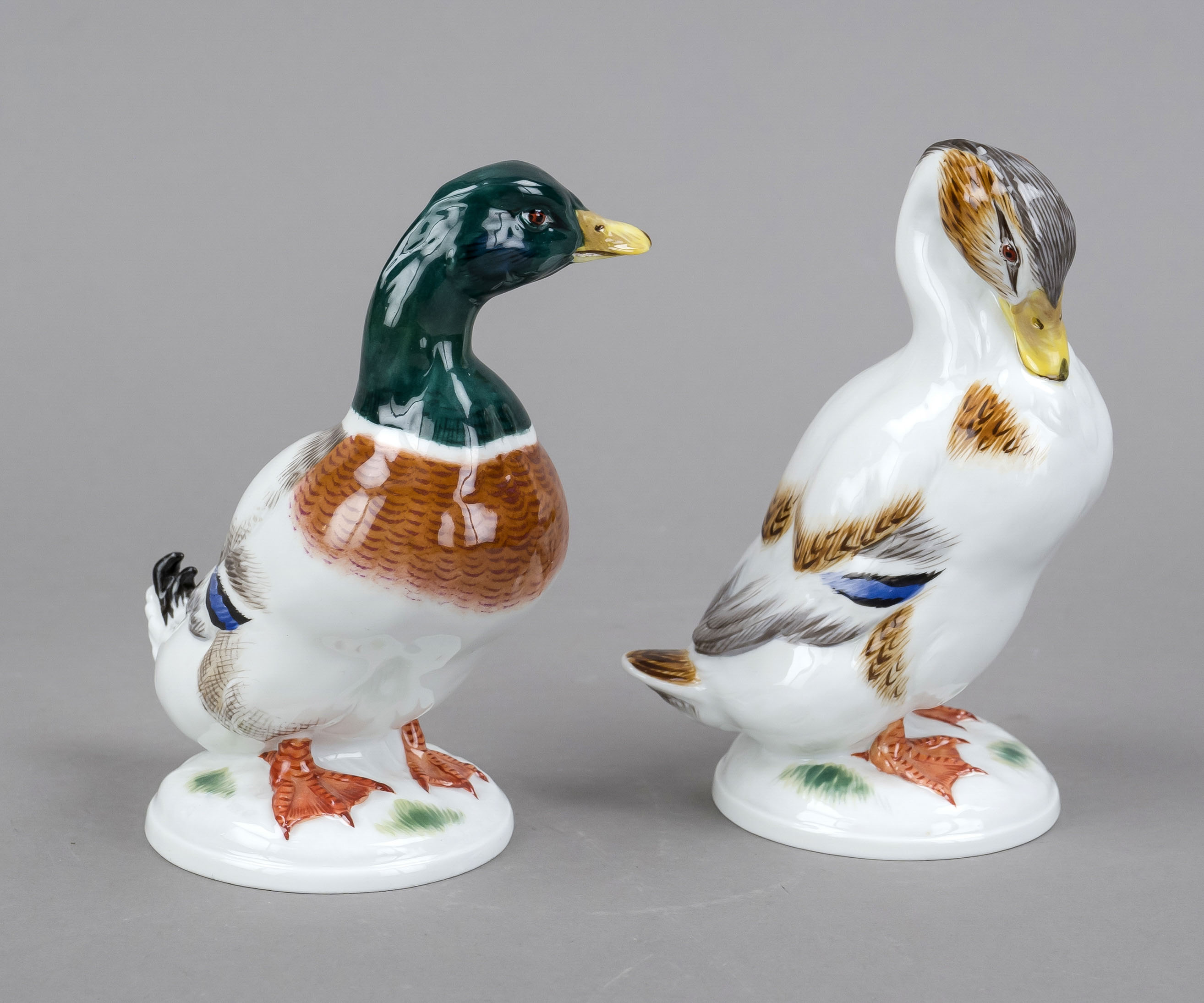 Drake and duck as pendant, Meissen, marks 1980, 1st choice, design Erich Oehme 1949, the round bases