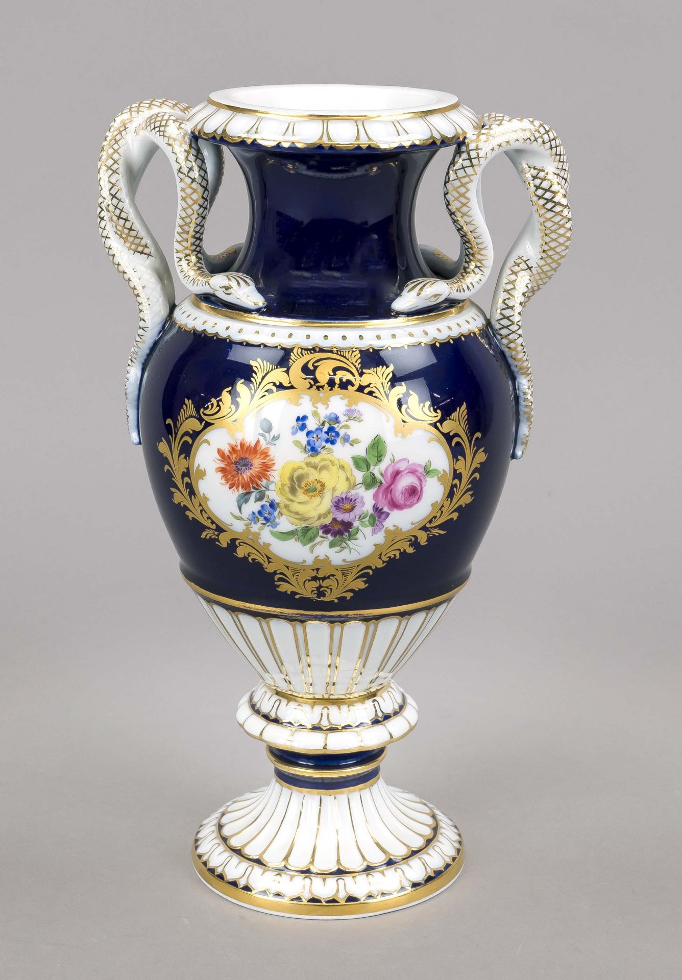 Snake-handled vase, Meissen, mark after 1934, 1st choice, amphora shape with side handles in the
