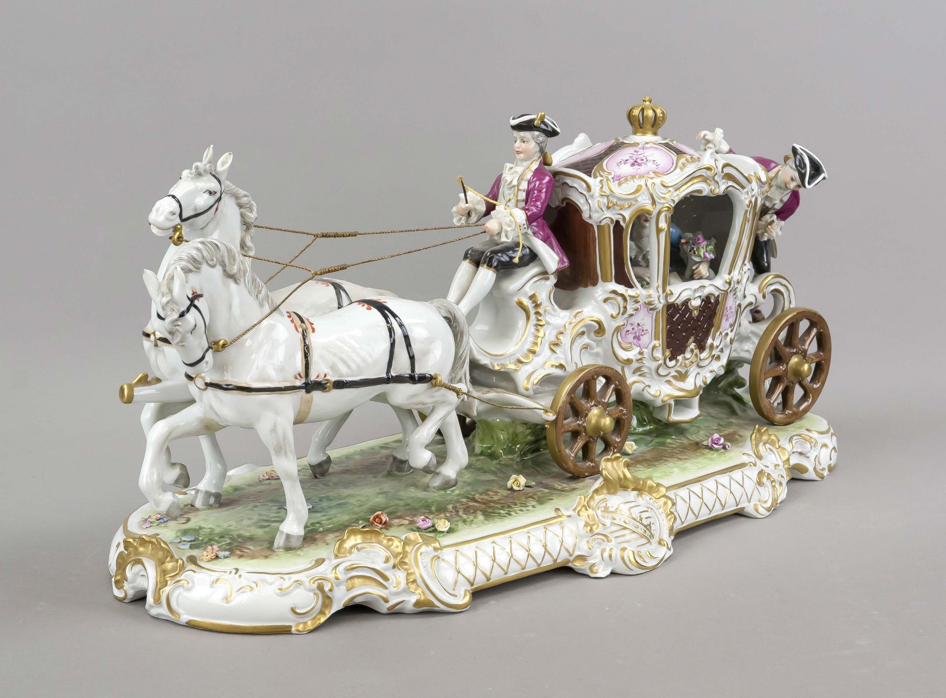 Large carriage with two horses, Unterweißbach, Thuringia, 20th century, elegant lady in rococo dress - Image 2 of 3