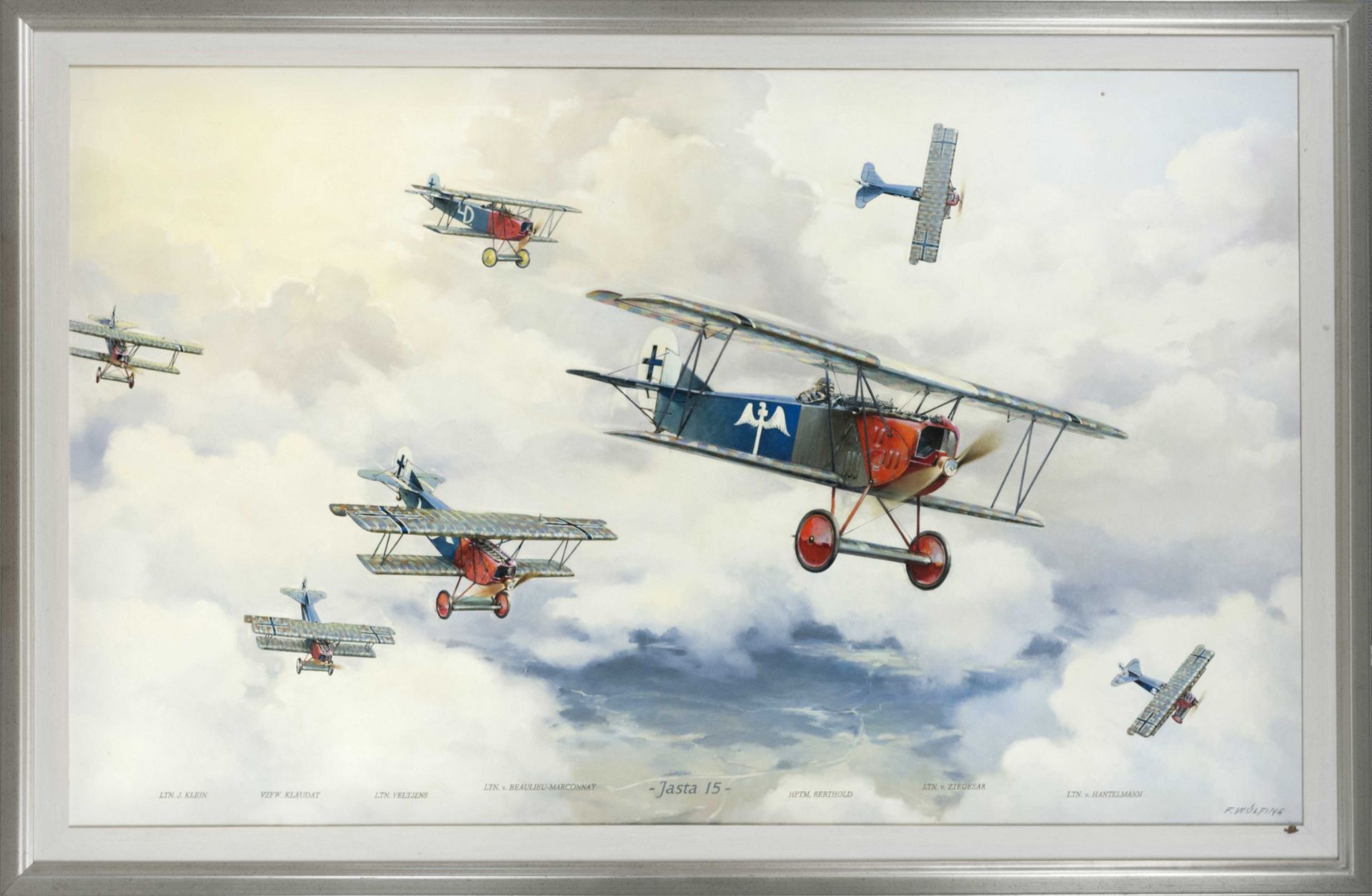 F. Wülfing, 2nd half of the 20th century, large painting with a fighter squadron of the 1st World