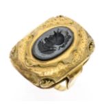 Foam gold ring GG 550/000 unmarked, tested, with an oval hematite 15 x 9 mm, finely cut with a