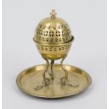 Table warming ball on tray, 19th century, brass, ball on three curved legs with stylized hoof