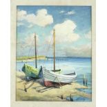 Unidentified artist mid-20th century, jacked up boats on the beach, gouache on cardboard,