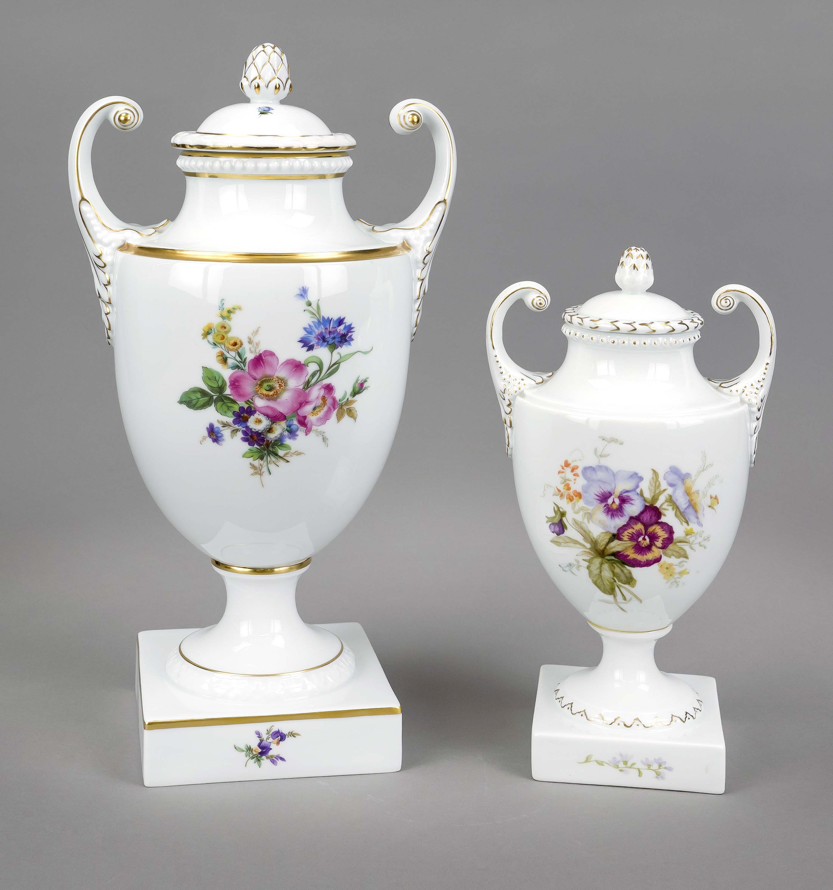 Two vases with lids, Füstenberg, 20th century, urn shape with raised volute handles, polychrome