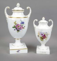 Two vases with lids, Füstenberg, 20th century, urn shape with raised volute handles, polychrome