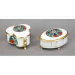 Two Art Deco lidded boxes, Baensch Lettin, marks 1927-45, corresponding polychrome decoration with